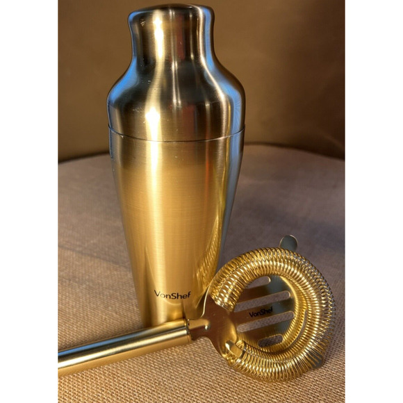 VonShef Brushed Gold Stainless Steel Cocktail Shaker and Strainer - Picture 1 of 12